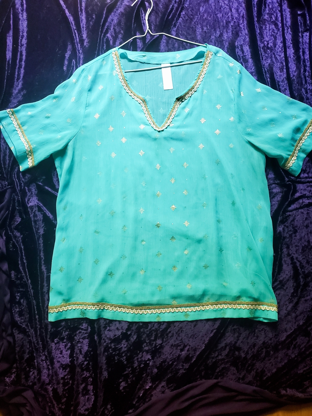 Embellished Teal V-Neck Women's Blouse